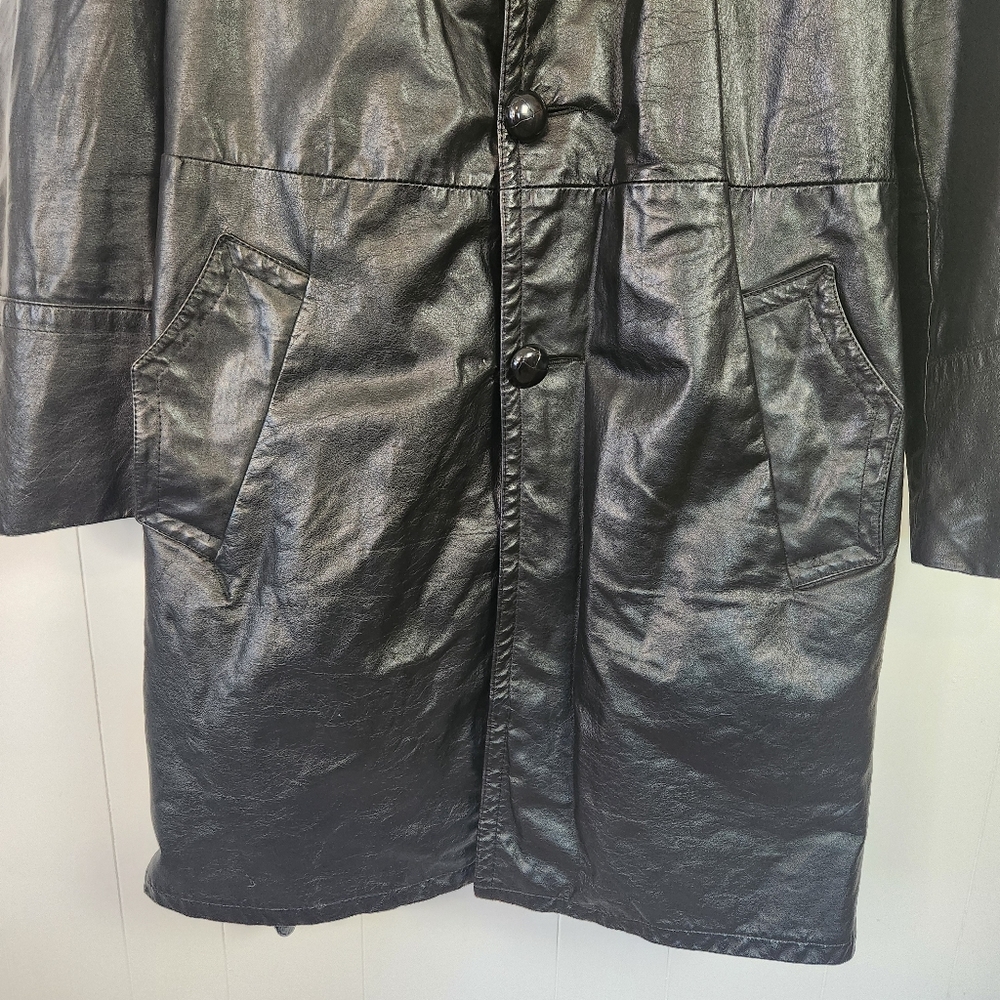 Vintage 1970s Long Black Leather Coat Jacket Mens size Medium Faux Fur Winter - Picture 4 of 16